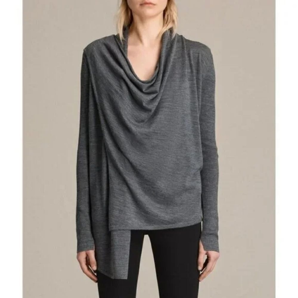 All Saints Drina Grey Wool Asymmetrical Cardigan Cowl Neck Zipper Shoulder Med